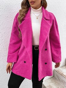 SHEIN LUNE Plus Lapel Neck Double Breasted Teddy Coat - Hot Pink - View 3