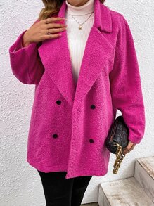 SHEIN LUNE Plus Lapel Neck Double Breasted Teddy Coat - Hot Pink - View 5