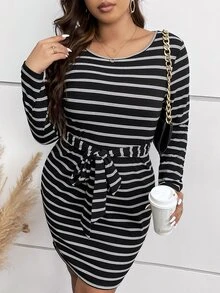 Vestido ajustado de rayas con cinturón - Negro - Ver 4