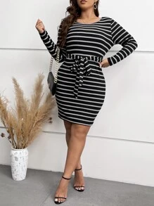 Vestido ajustado de rayas con cinturón - Negro - Ver 5