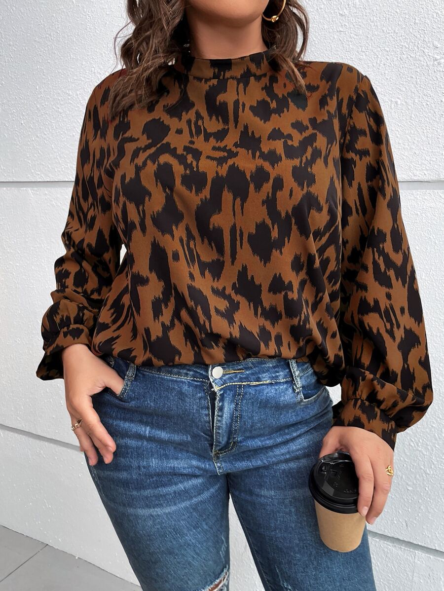 SHEIN Clasi 大碼滿版印花燈籠袖襯衫 - 彩色 - 查看 1