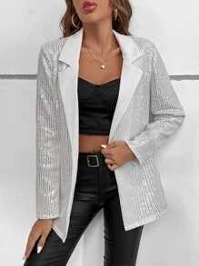 EMERY ROSE Blazer de cuello con solapa con lentejuelas - Plateado - Ver 5