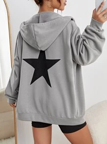 SHEIN EZwear 星星印花落肩袖抽繩保暖連帽衫 - 灰色 - 查看 1