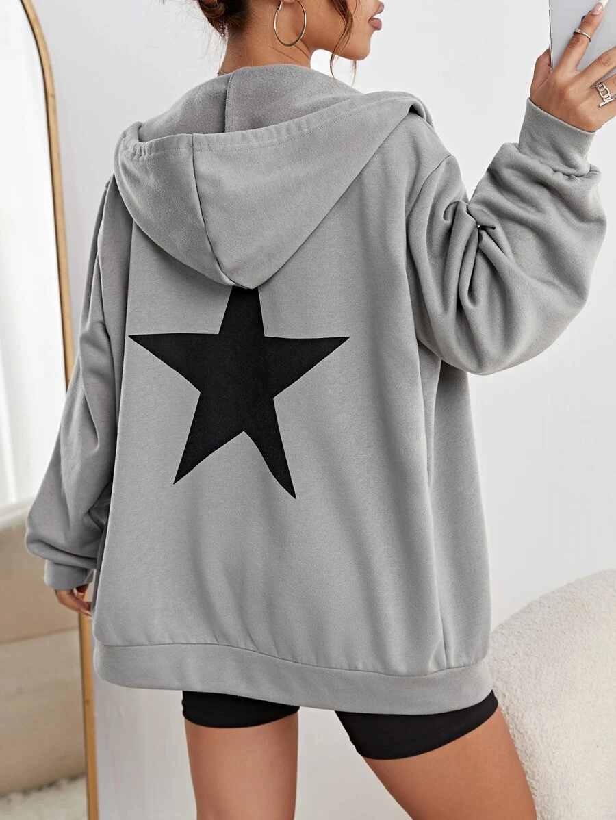 SHEIN EZwear 星星印花落肩袖抽繩保暖連帽衫 - 灰色 - 查看 1