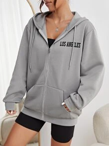 SHEIN EZwear 星星印花落肩袖抽繩保暖連帽衫 - 灰色 - 查看 4