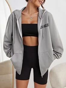 SHEIN EZwear 星星印花落肩袖抽繩保暖連帽衫 - 灰色 - 查看 2