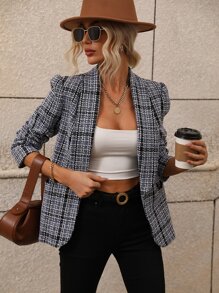 Blazer con patrón de cuadros de cuello esmoquin tweed - Negro - Ver 1