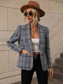 Blazer con patrón de cuadros de cuello esmoquin tweed - Negro - Ver 3