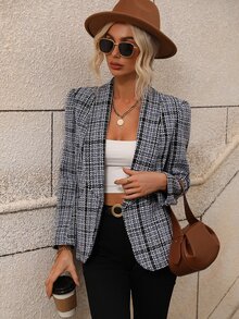 Blazer con patrón de cuadros de cuello esmoquin tweed - Negro - Ver 6