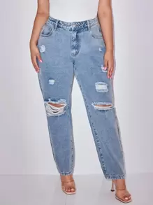 SHEIN Essnce Jeans mom desgarro de talle alto - Lavado ligero - Ver 1