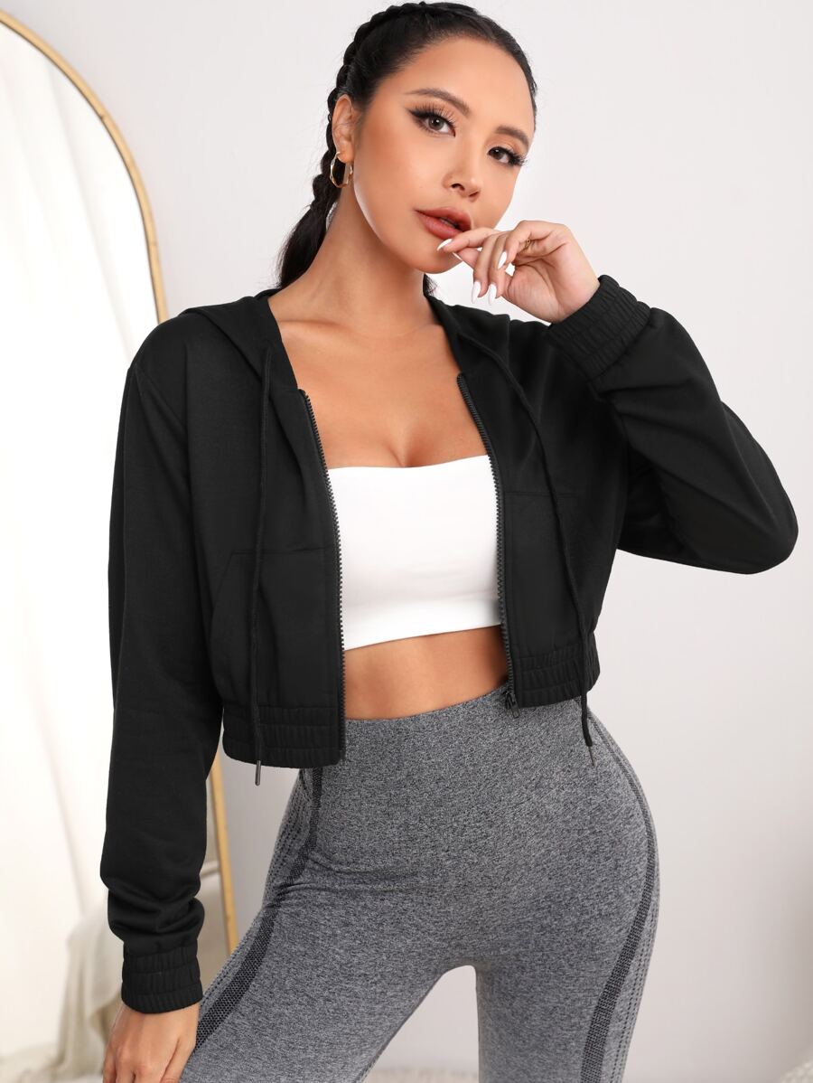 SHEIN Street Sport Cazadora deportiva calentador con cremallera con capucha - Negro - Ver 1