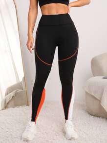 SHEIN Sports Contrast Colour Tri-Panel Yoga Leggings Top-stitch Wide Waistband Gym Tights - Multicolor - View 2