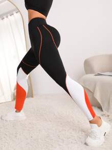 SHEIN Sports Contrast Colour Tri-Panel Yoga Leggings Top-stitch Wide Waistband Gym Tights - Multicolor - View 4