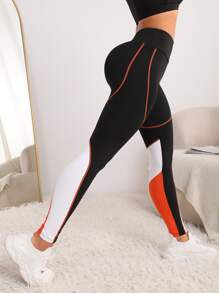 SHEIN Sports Contrast Colour Tri-Panel Yoga Leggings Top-stitch Wide Waistband Gym Tights - Multicolor - View 5