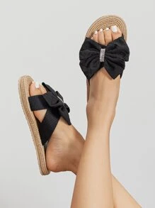 學院戶外平底拖鞋適用於女士水鑽和蝴蝶結裝飾滌綸露趾涼拖 - 黑色 - 查看 4