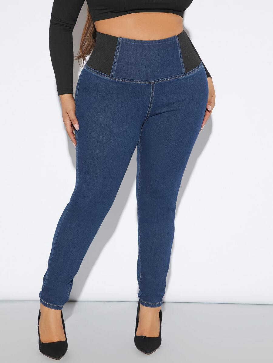 Plus High Waist Skinny Jeans - Dark Wash - View 1