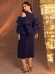 SHEIN Belle Plus Contrast Mesh Belted Layered Trim Dress - Navy Blue - View 2