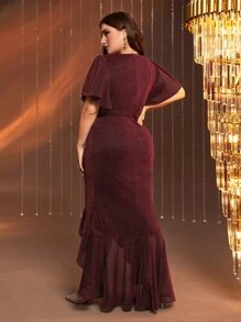 SHEIN Belle Plus Contrast Mesh High Low Ruffle Hem Glitter Dress - Maroon - View 2