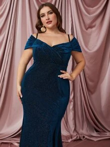 SHEIN Belle Plus Cold Shoulder Split Thigh Bridesmaid Dress - Navy Blue - View 3