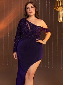 SHEIN Belle Plus Asymmetrical Neck Split Thigh Sequin Formal Dress - Purple - View 2