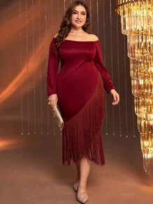 SHEIN Belle Burgundy Red Plus Off Shoulder Fringe Trim Dress - Burgundy - View 4