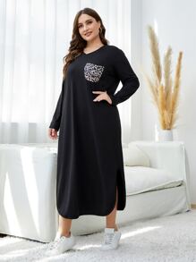 Mulvari Plus Leopard Print Patched Pocket Curved Hem Tee Dress - Black - View 4