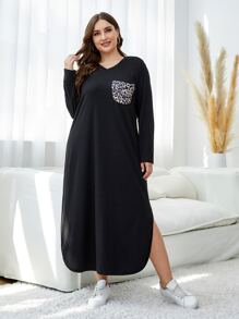 Mulvari Plus Leopard Print Patched Pocket Curved Hem Tee Dress - Black - View 5