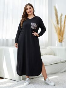 Mulvari Plus Leopard Print Patched Pocket Curved Hem Tee Dress - Black - View 6