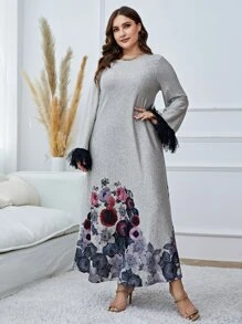 Mulvari Vestido con estampado floral de peluche puño manga de campana - Gris Claro - Ver 3