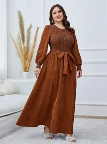 Mulvari Plus Lantern Sleeve Belted Dress, For Winter Maxi Corduroy Women Outfit - Rust Brown - View 5