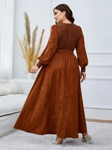 Mulvari Plus Lantern Sleeve Belted Dress, For Winter Maxi Corduroy Women Outfit - Rust Brown - View 2
