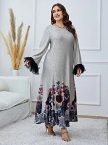 Mulvari Vestido con estampado floral de peluche puño manga de campana - Gris Claro - Ver 1