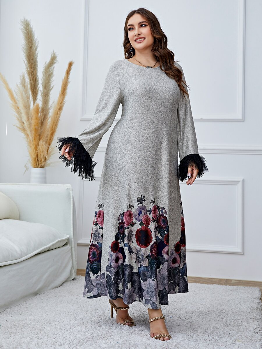 Mulvari Vestido con estampado floral de peluche puño manga de campana - Gris Claro - Ver 1