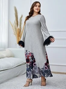 Mulvari Vestido con estampado floral de peluche puño manga de campana - Gris Claro - Ver 5