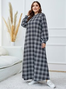 Mulvari Plus Plaid Print Mock Neck Lantern Sleeve Dress - Multicolor - View 3