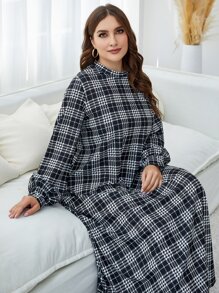 Mulvari Plus Plaid Print Mock Neck Lantern Sleeve Dress - Multicolor - View 4
