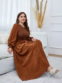 Mulvari Plus Lantern Sleeve Belted Dress, For Winter Maxi Corduroy Women Outfit - Rust Brown - View 7