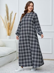 Mulvari Plus Plaid Print Mock Neck Lantern Sleeve Dress - Multicolor - View 5