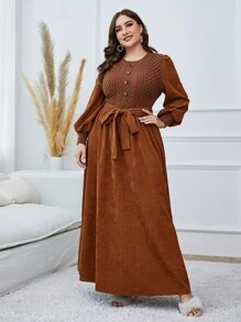 Mulvari Plus Lantern Sleeve Belted Dress, For Winter Maxi Corduroy Women Outfit - Rust Brown - View 6