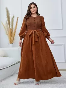 Mulvari Plus Lantern Sleeve Belted Dress, For Winter Maxi Corduroy Women Outfit - Rust Brown - View 1
