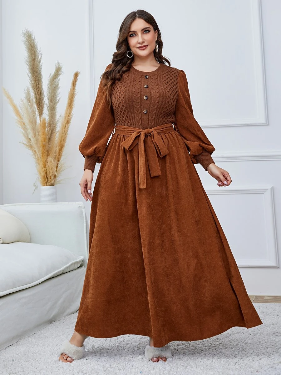 Mulvari Plus Lantern Sleeve Belted Dress, For Winter Maxi Corduroy Women Outfit - Rust Brown - View 1