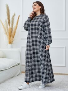 Mulvari Plus Plaid Print Mock Neck Lantern Sleeve Dress - Multicolor - View 6