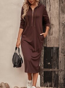 SHEIN LUNE Đầm Túi Dây kéo Sọc Giải trí - Cà phê nâu - Xem 1