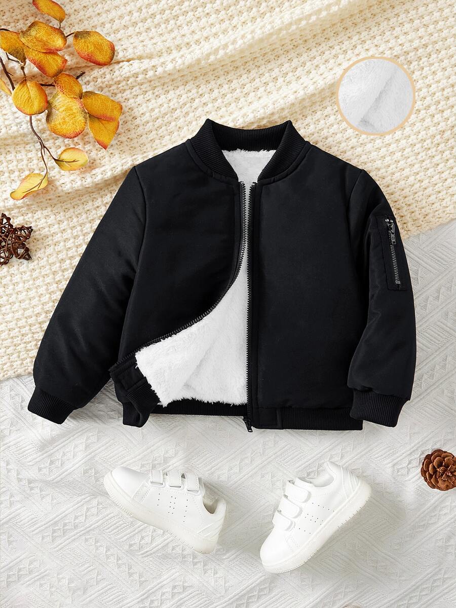 SHEIN Baby Zip Up Teddy Lined Bomber Jacket - Black - View 1