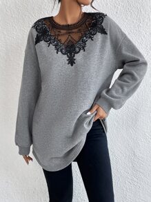 SHEIN Clasi Guipure Lace Appliques Drop Shoulder Sweatshirt - Grey - View 1
