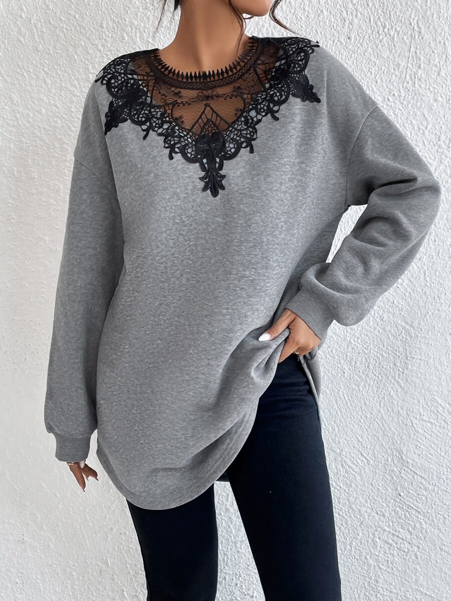 SHEIN Clasi Guipure Lace Appliques Drop Shoulder Sweatshirt - Grey - View 1