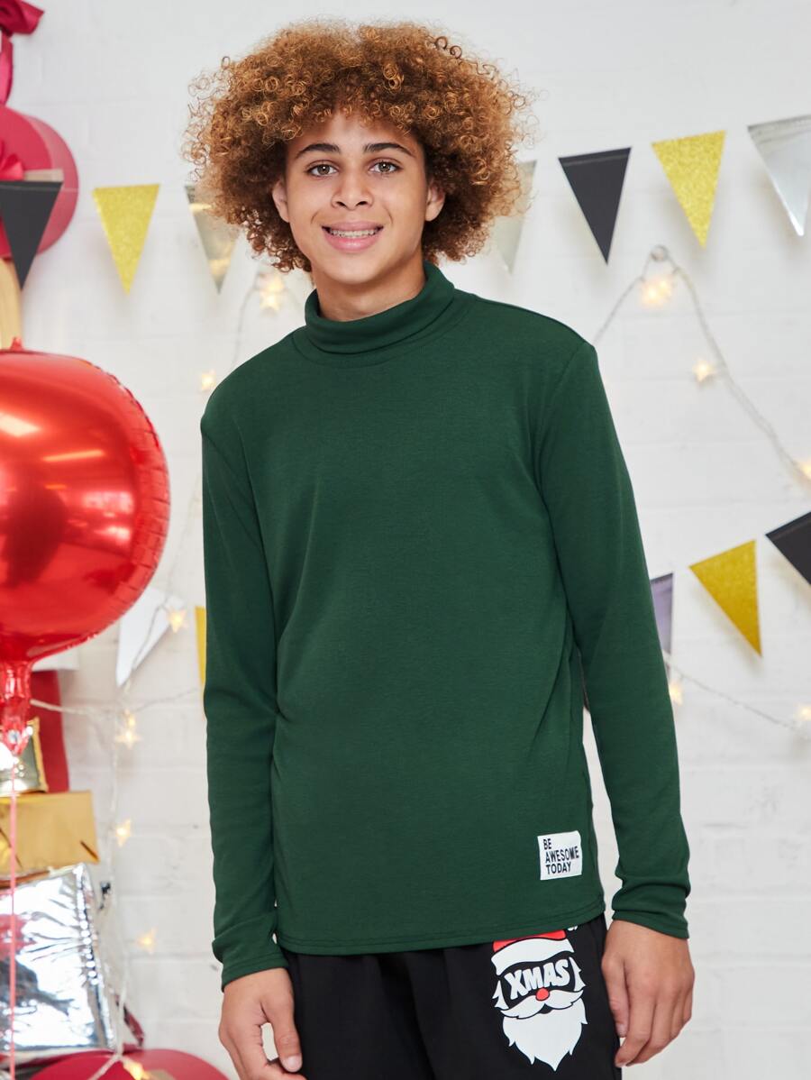 SHEIN Boys Patched Detail Turtle Neck Tee - Dark Green - View 1