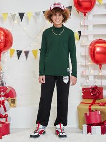 SHEIN Boys Patched Detail Turtle Neck Tee - Dark Green - View 5