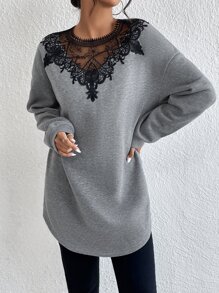 SHEIN Clasi Guipure Lace Appliques Drop Shoulder Sweatshirt - Grey - View 3