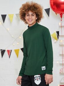 SHEIN Boys Patched Detail Turtle Neck Tee - Dark Green - View 7